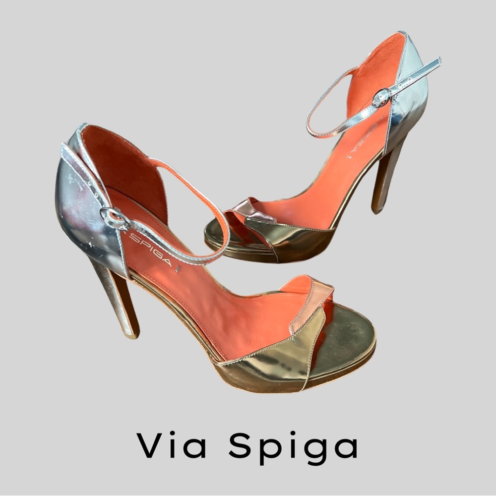 VIA SPIGA METALLIC LEATHER TRI-COLOR ANKLE STRAP HIGH HEEL SANDALS - SIZE 8.5